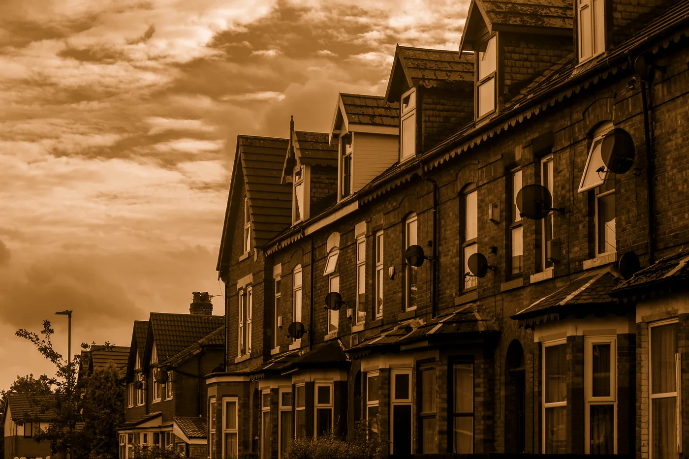 A brick terrace under an evening sky at full colour